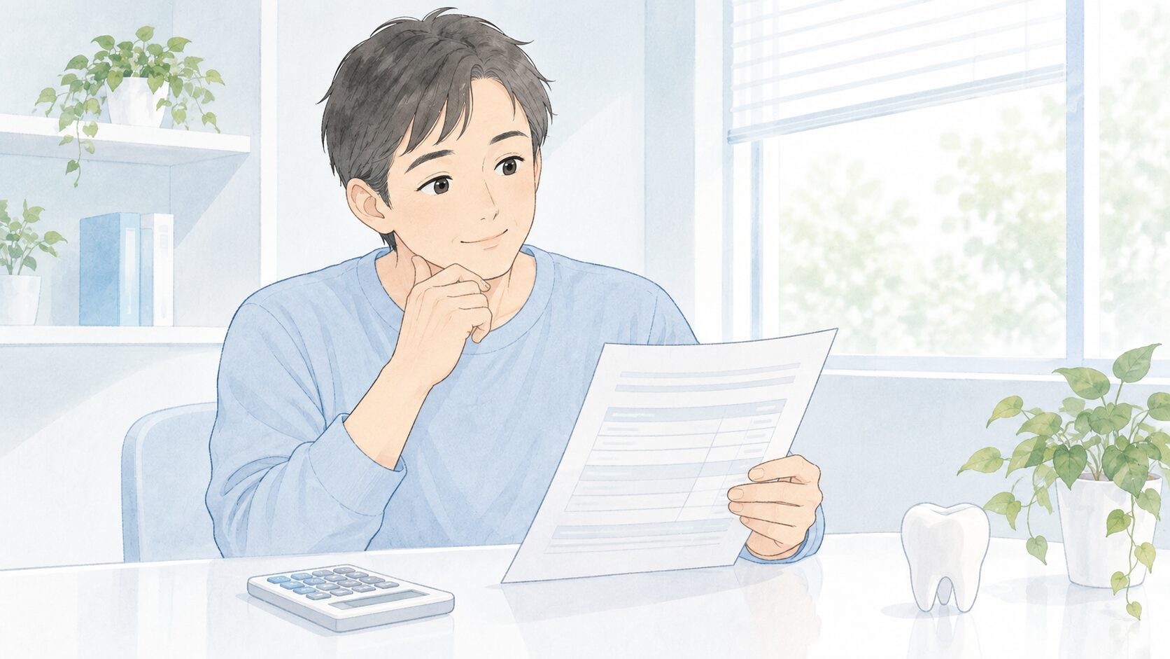 インプラントの見積書を確認する男性患者のイラスト