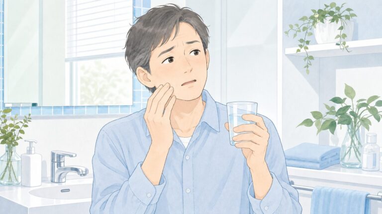 口の乾燥を気にしながら水を持つ男性患者