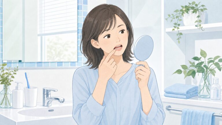 手鏡で歯元の状態を確認する女性患者のイラスト