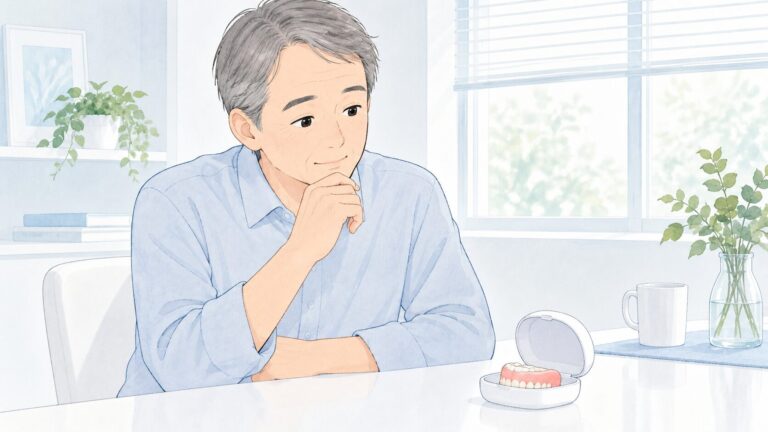 入れ歯ケースを前に治療を考える年配男性患者