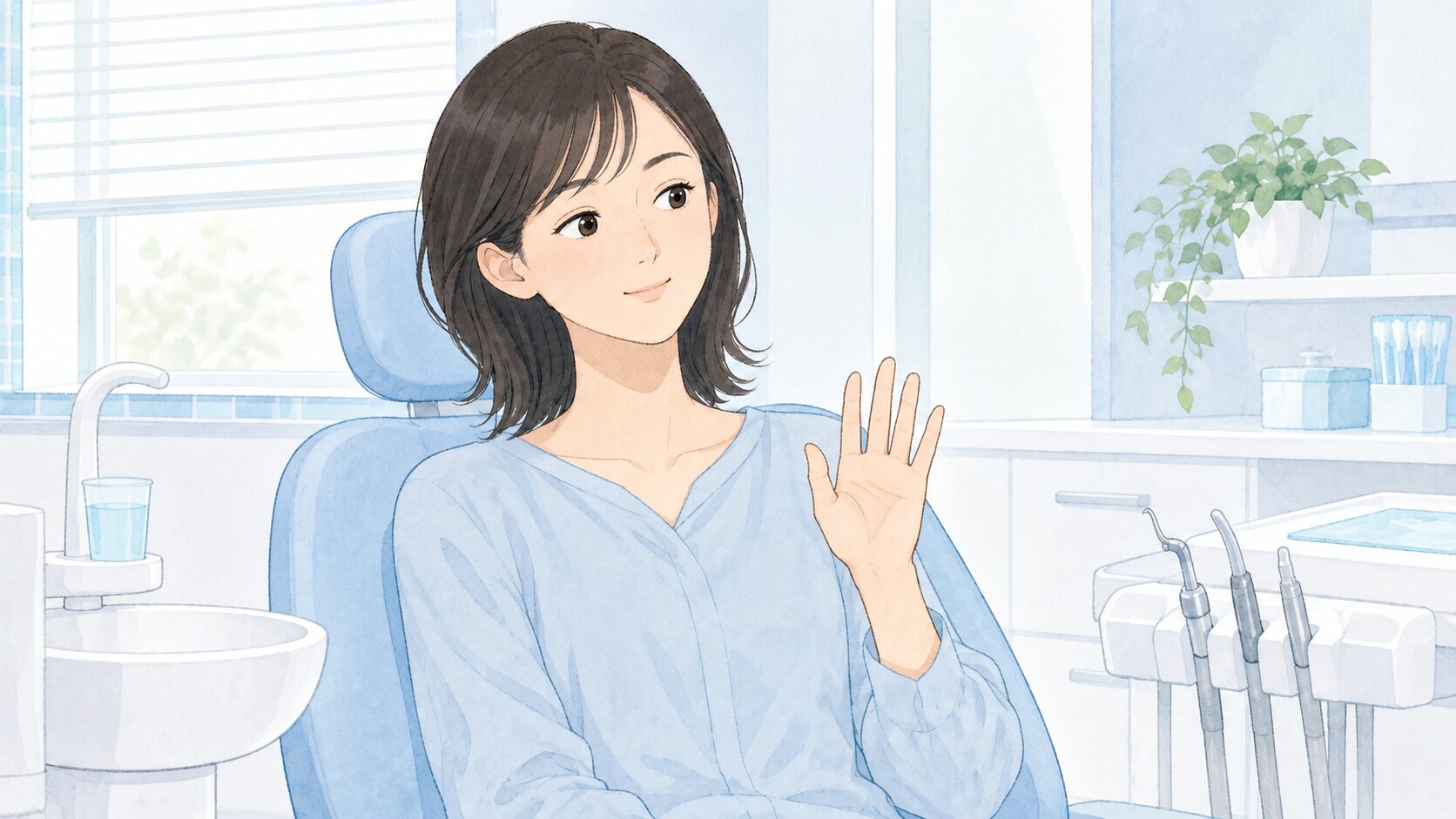 歯科チェアで上体を起こし休憩の合図をする女性患者