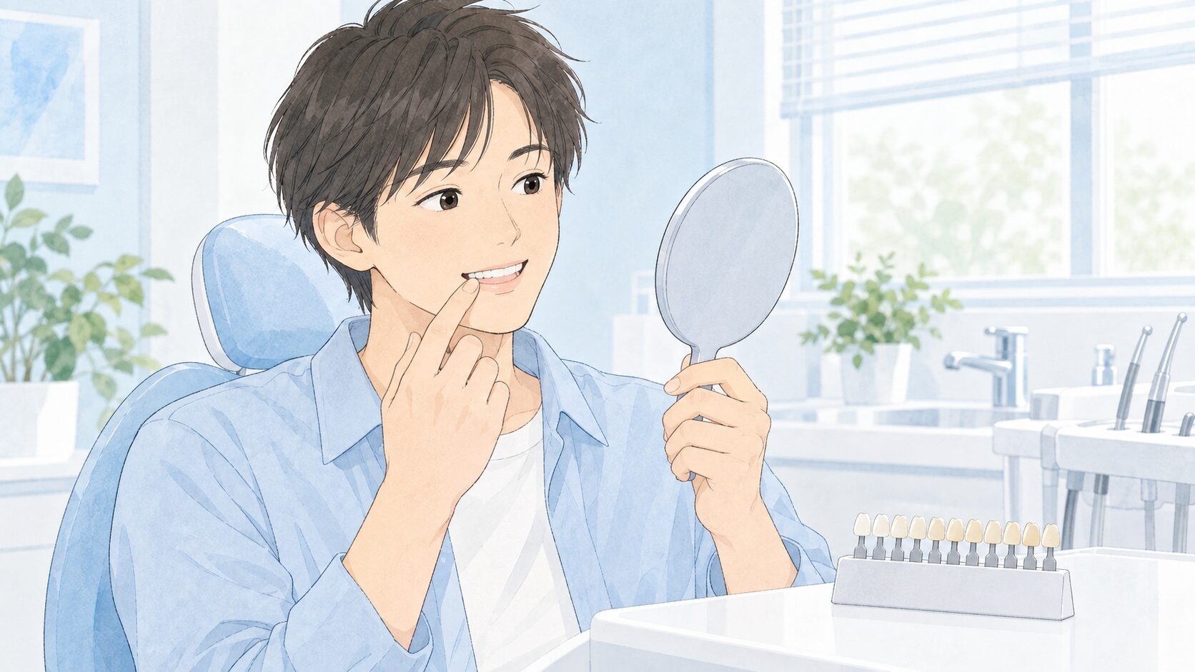 手鏡とシェードガイドで歯の色を確認する男性患者