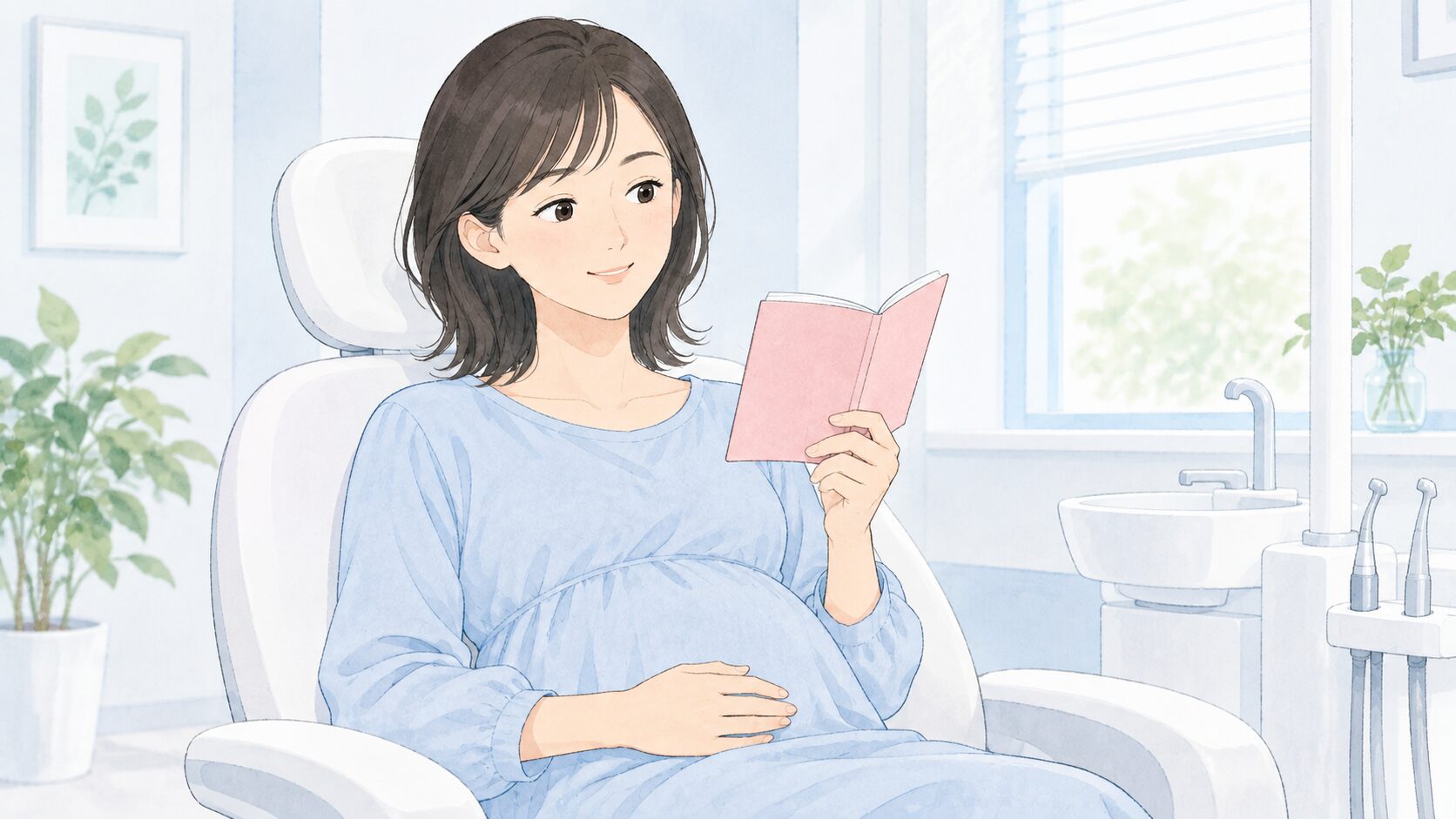 母子手帳を持ち楽な姿勢で座る妊娠中の女性患者
