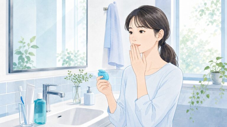 洗面台で口臭対策のセルフケアを見直す女性のイラスト