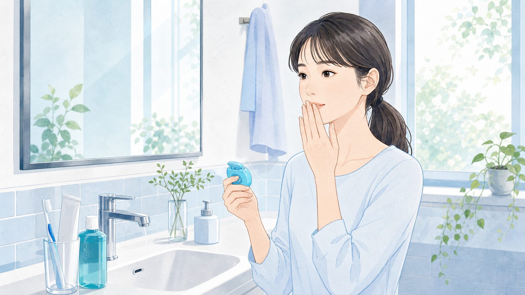 洗面台で口臭対策のセルフケアを見直す女性のイラスト