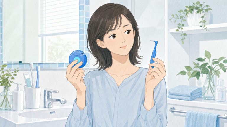 洗面台でフロスと歯間ブラシを見比べる女性のイラスト