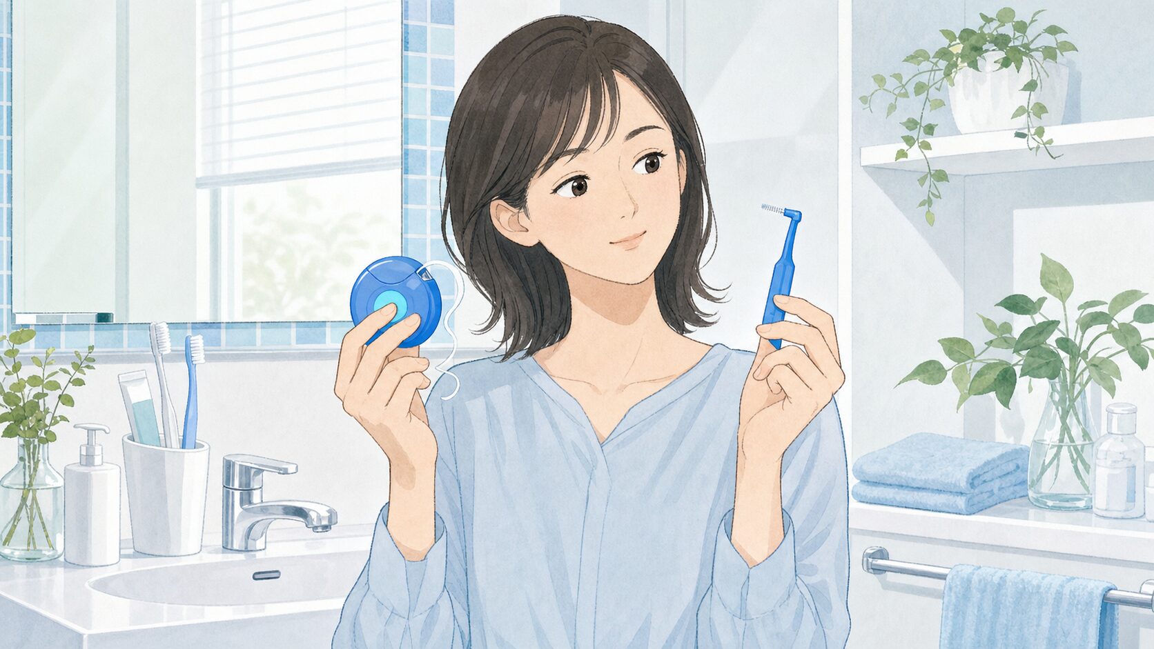 洗面台でフロスと歯間ブラシを見比べる女性のイラスト