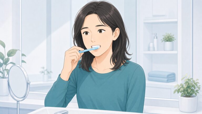 洗面台で歯磨きをする女性のイラスト