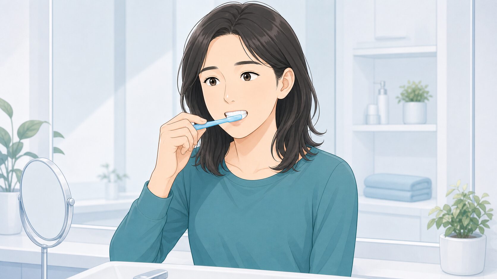洗面台で歯磨きをする女性のイラスト