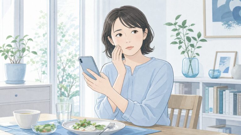 詰め物や被せ物が取れたことに気づき歯医者へ連絡する女性のイラスト