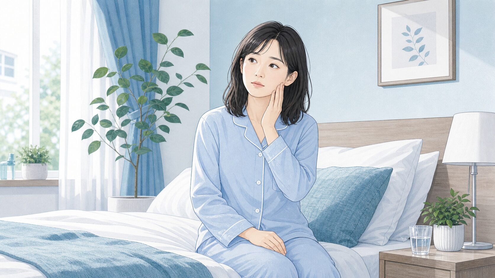 朝起きて顎の疲れに気づく女性のイラスト