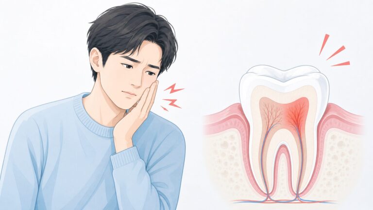 歯がズキズキ痛む患者と歯の内部の炎症を示したイラスト