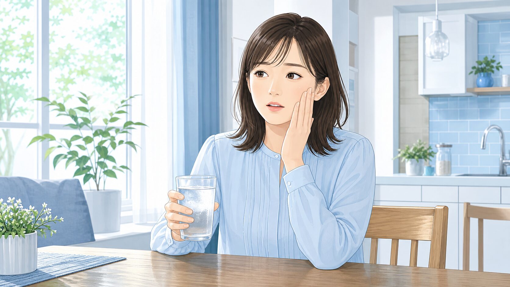 冷たい水を飲んで歯がしみる女性のイラスト