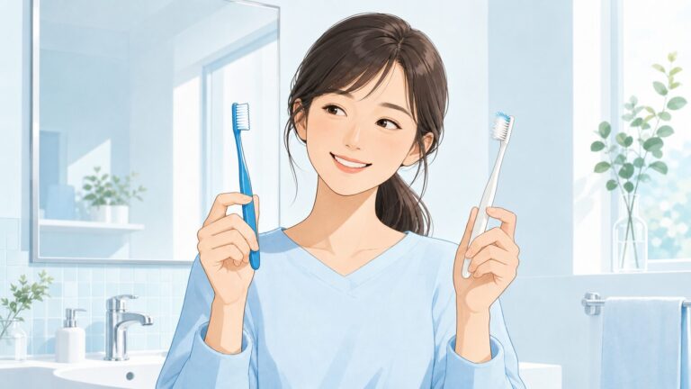 新品と毛先が開いた歯ブラシを見比べる女性のイラスト