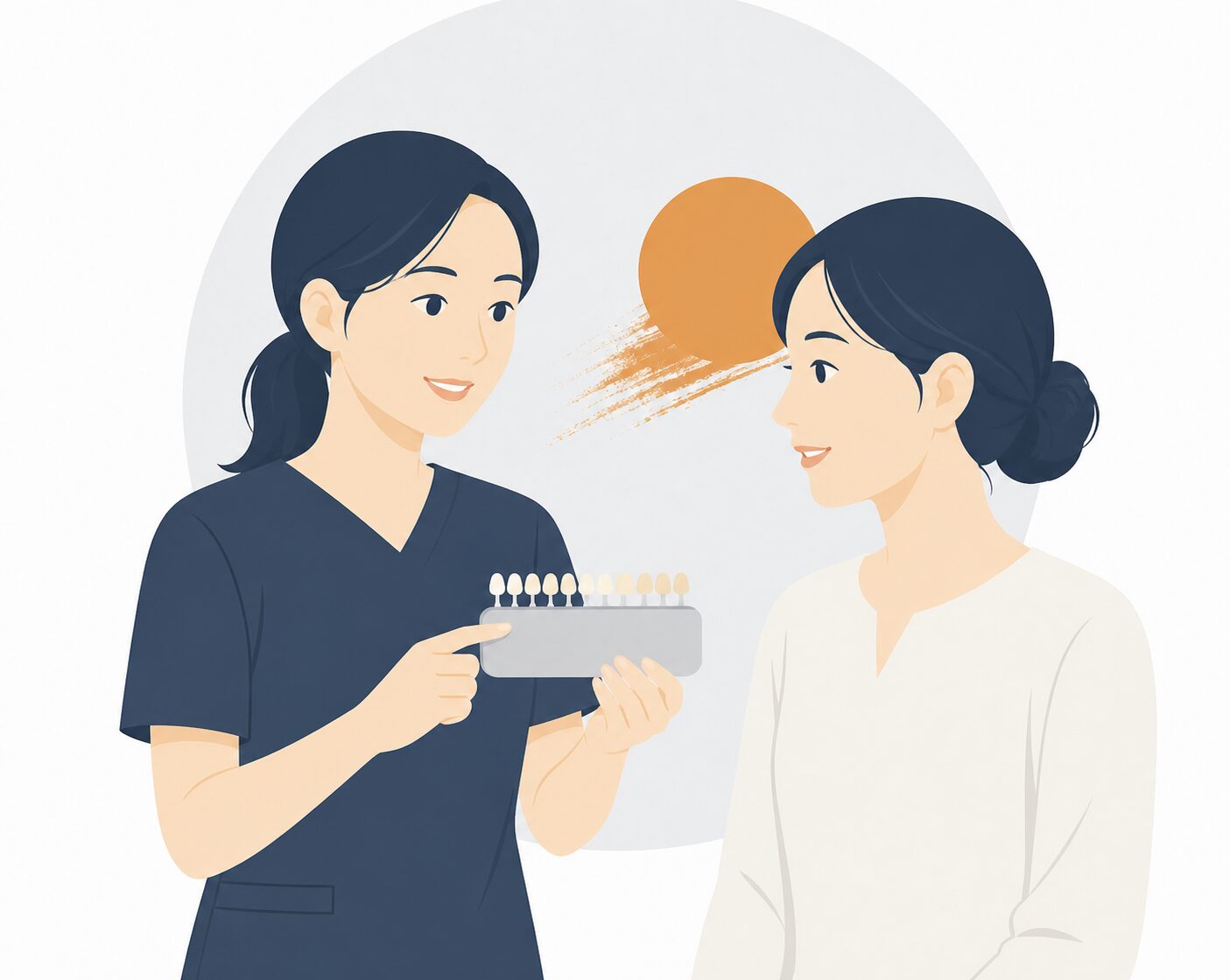 歯の色見本を確認しながらホワイトニング相談を行う様子